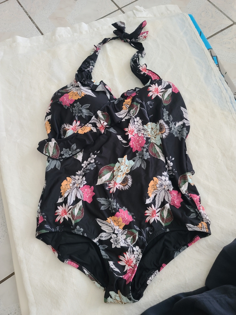 Modcloth Black Floral Halter One-Piece Swimsuit
